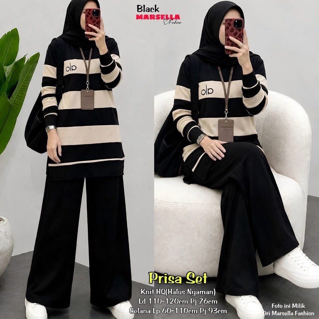 PRISA SET ORI MARSELLA FASHION Setelan Wanita Premium (Atasan Tunik Knit Garis + Celana Kulot Knit H
