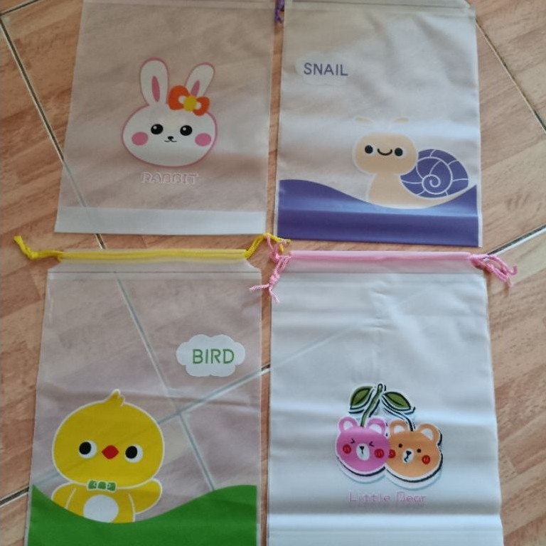 Kantong serut plastik transparan motif kartun Rabbit Snail Bird Little Bear untuk Souvenir