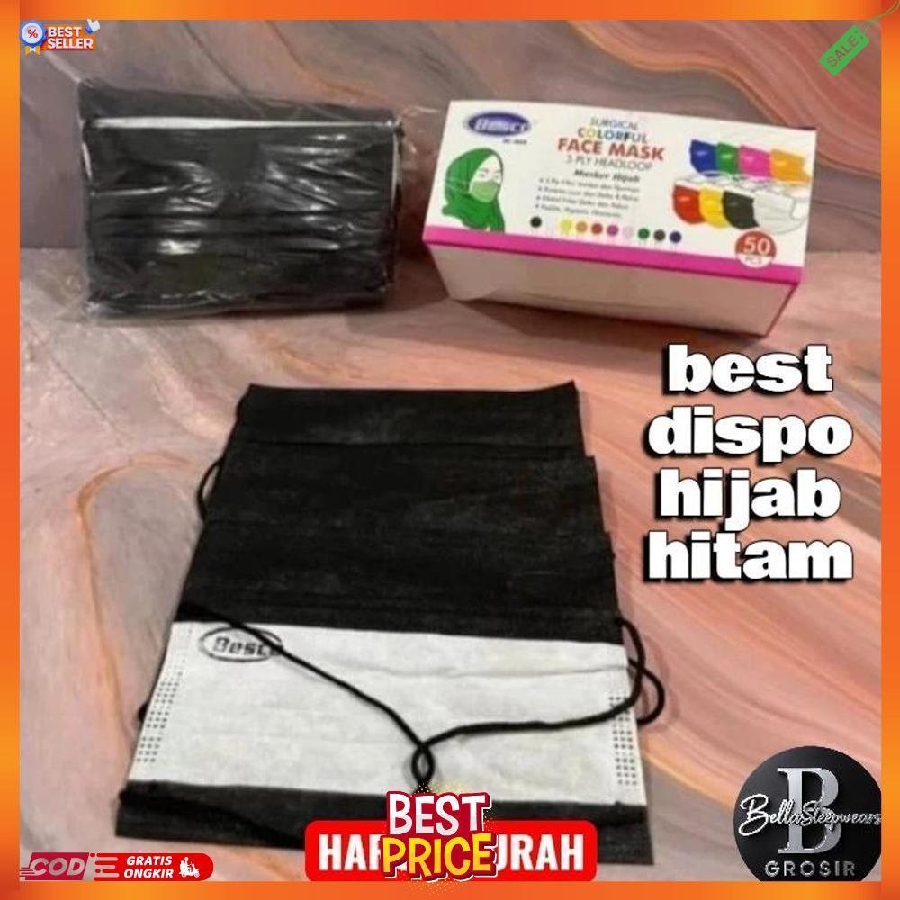 BELLA | BOX ISI 50 - MASKER 3PLY DISPO HIJAB HITAM PMI BESCO | DISPOSABLE NON WOVEN EARLOOP HIJAB LI