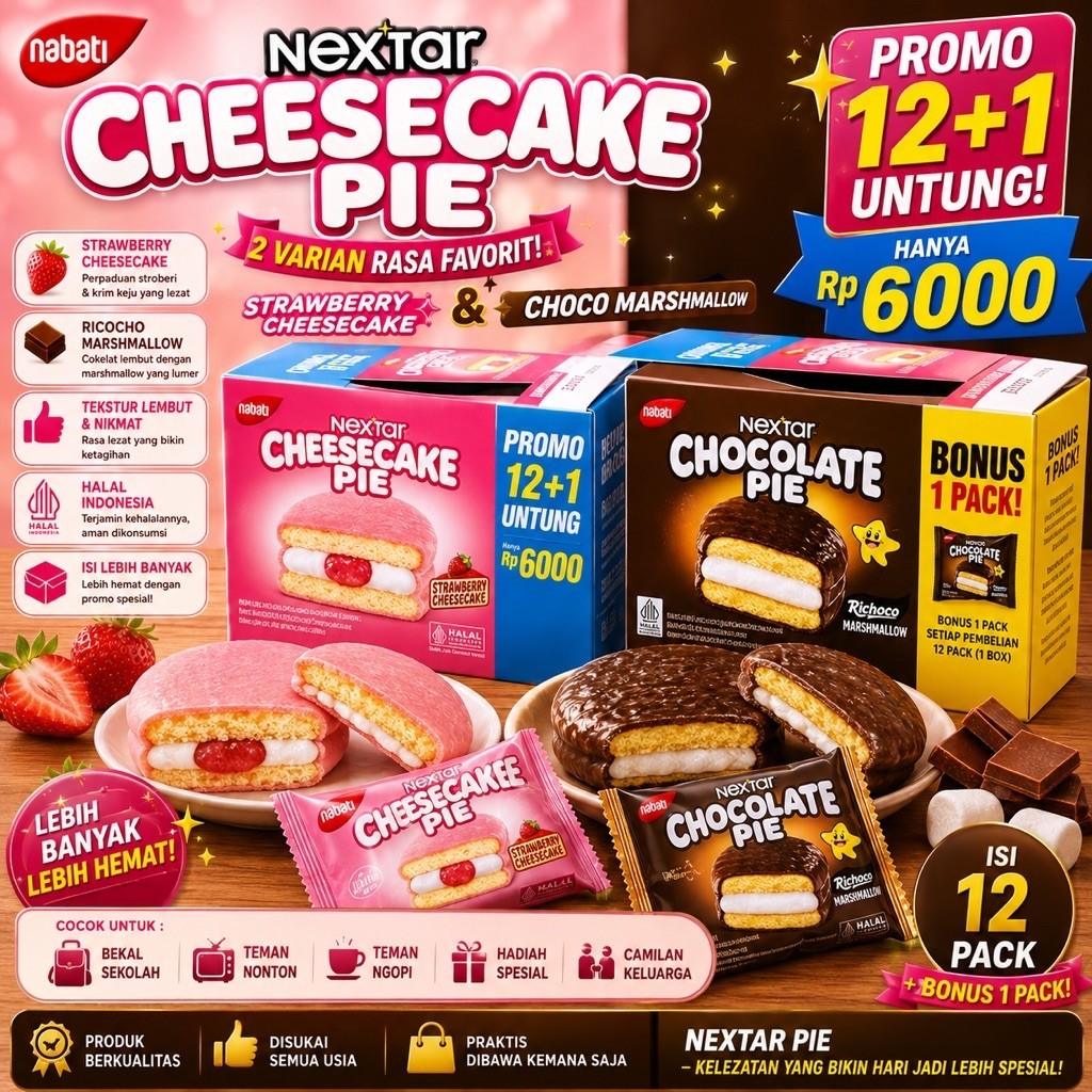 Nabati Nextar Chocolate Pie Cheescake Pie Richoco Marshmallow - Isi 13, Rasa Coklat & Strawberry Lem