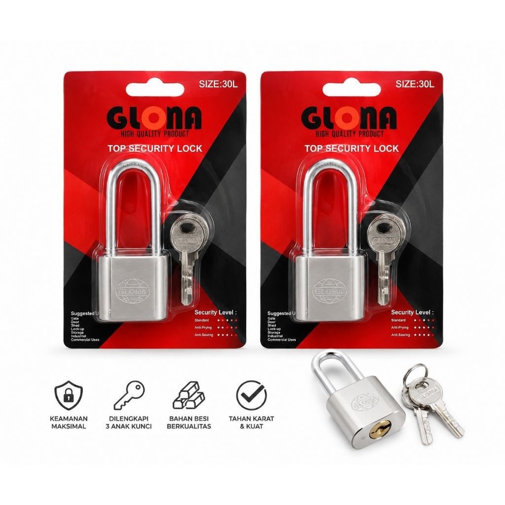 GLOMA Gembok Besi Security Lock 30L + 3 Anak Kunci(GBS-GG30MM)