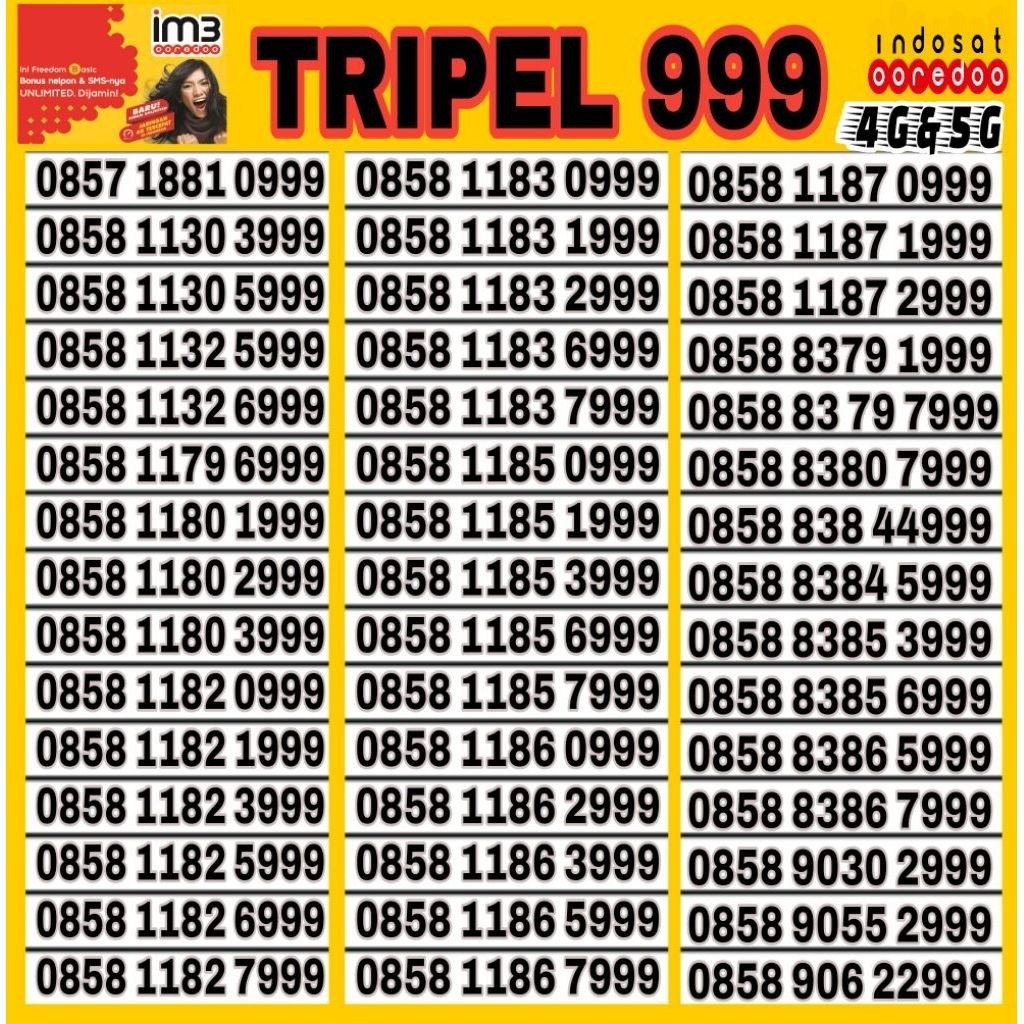 Nomor Cantik Indosat Im3 4G 5G 0999 - 1999 - 2999