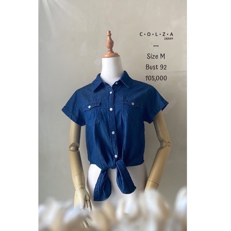 Kemeja blouse atasan top katun denim jeans lengan pendek model ikat perut vinyage colza original pre