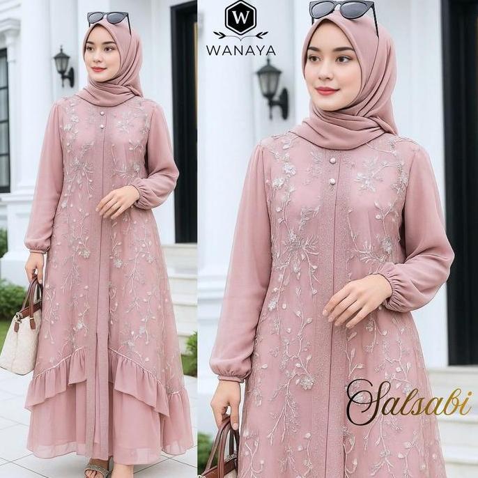 Salsabi Gamis Wanita Muslimah Modis Terbaru Bahan Ceruty Babydoll Mix Brukat Motif Random Estetis Bu