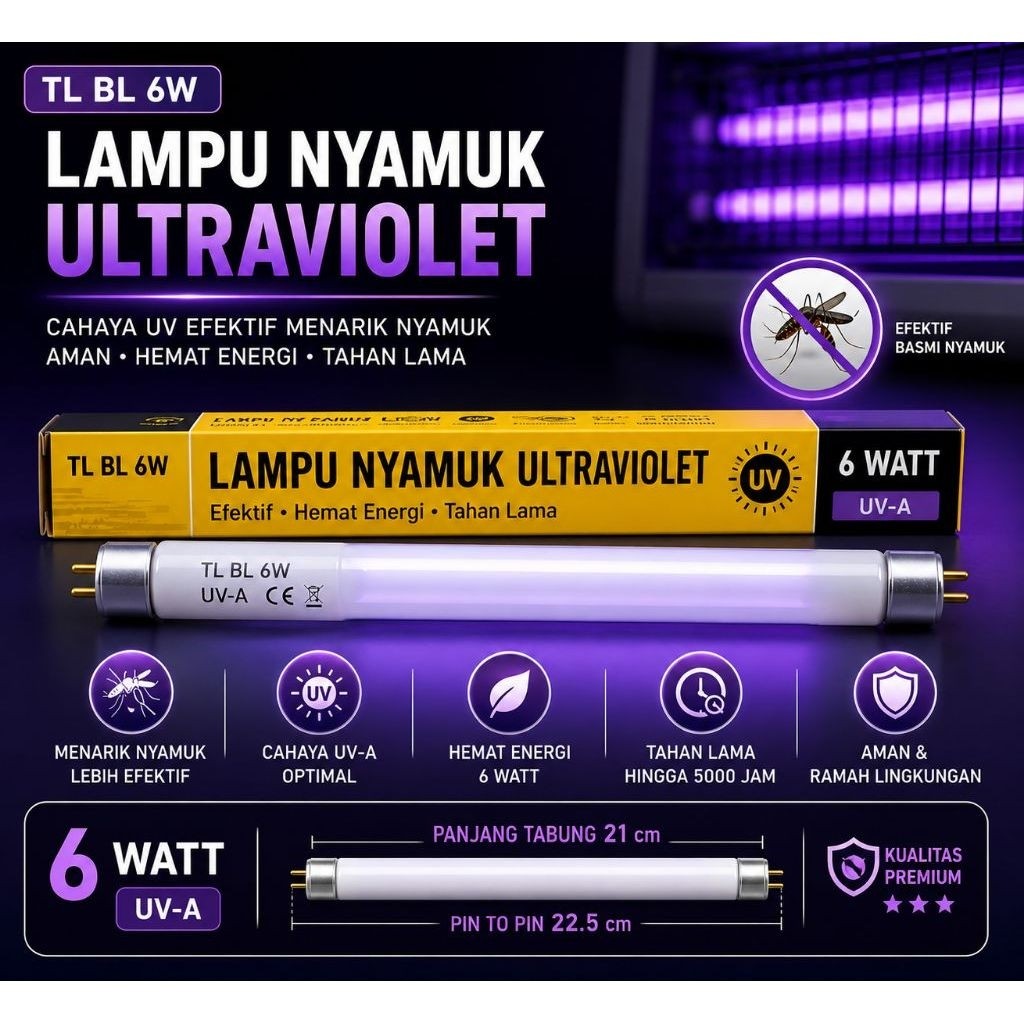 LAMPU ULTRAVIOLET NYAMUK T5 BL 6 WATT LAMPU INSECT (bohlamnya saja)