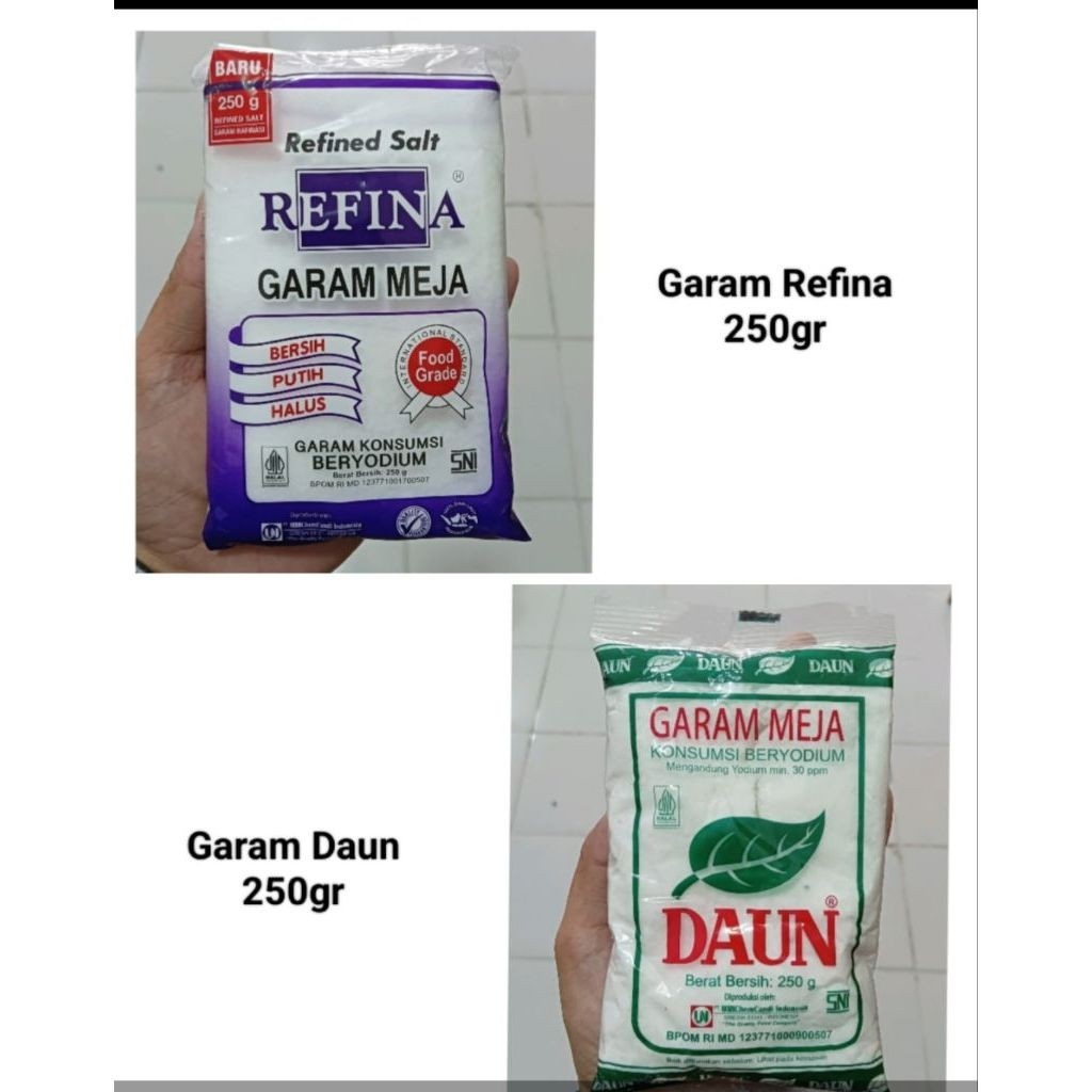 Garam meja halus REFINA 250 gram, garam meja halus DAUN 250 gram