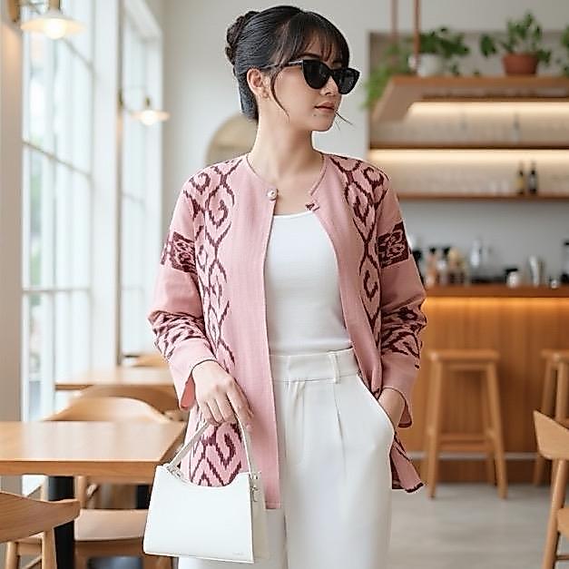 Shanaya Baju Batik Wanita Outer Tenun Maira Top Troso Atasan Bolero Tenun Cardigan Batik Kerja