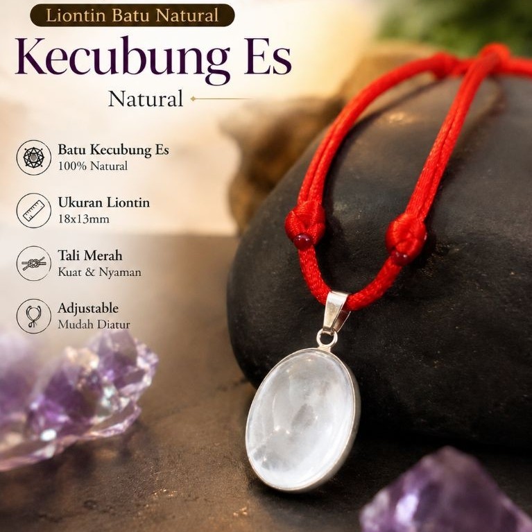 kalung Liontin Batu Natural Kecubung Es Natural 18x13mm Tali Merah Adjustable