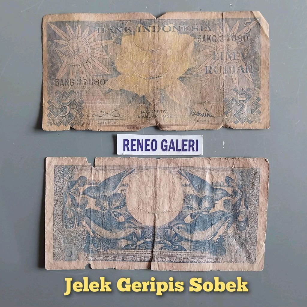 Sobek Asli 5 Rupiah Seri Bunga Tahun 1959 Rp Uang kertas kuno burung duit lama original Koleksi