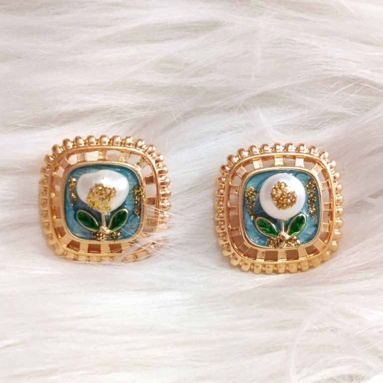 Anting stud wanita motif bunga warna emas dengan aksen biru hijau-Monet Garden Earrings