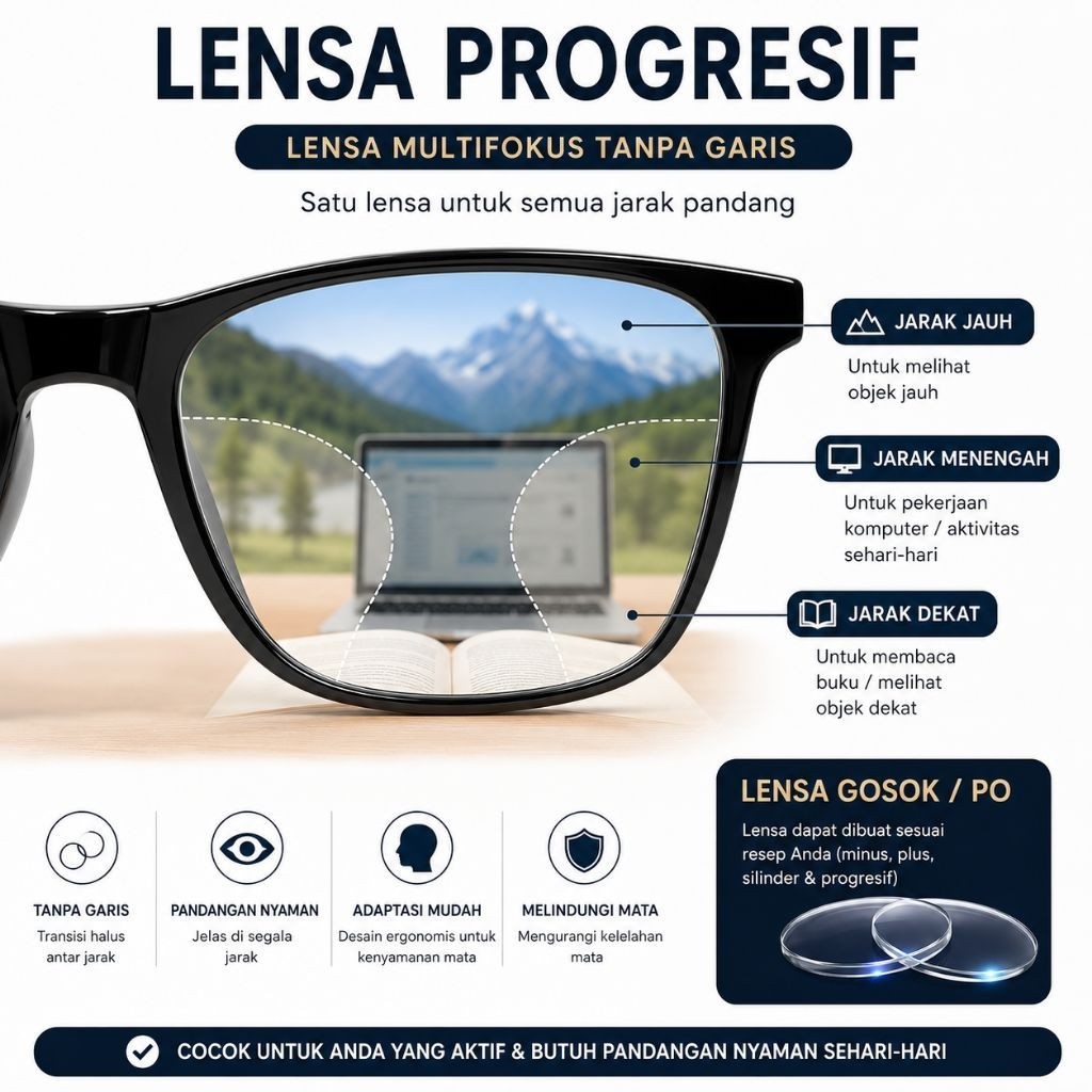 Lensa Progresif Multifokus Tanpa Garis | Lensa Gosok/PO Minus Plus Silinder | Polycore Lens