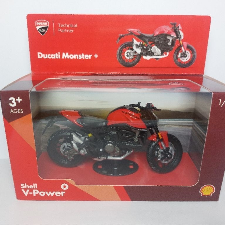 Mainan Motor Ducati Monster + Shell V-Power Ducati Panigalr V4 S Corse Ducati Desmosedici GP 2023 Sc