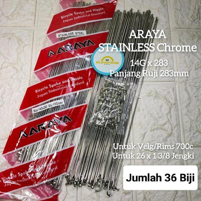 Spoke Ruji Jari 283 ARAYA STAINLESS Chrome 14G x 283mm Rims Velg Jengki 26x1 3/8 Dan Roadbike Fixie 