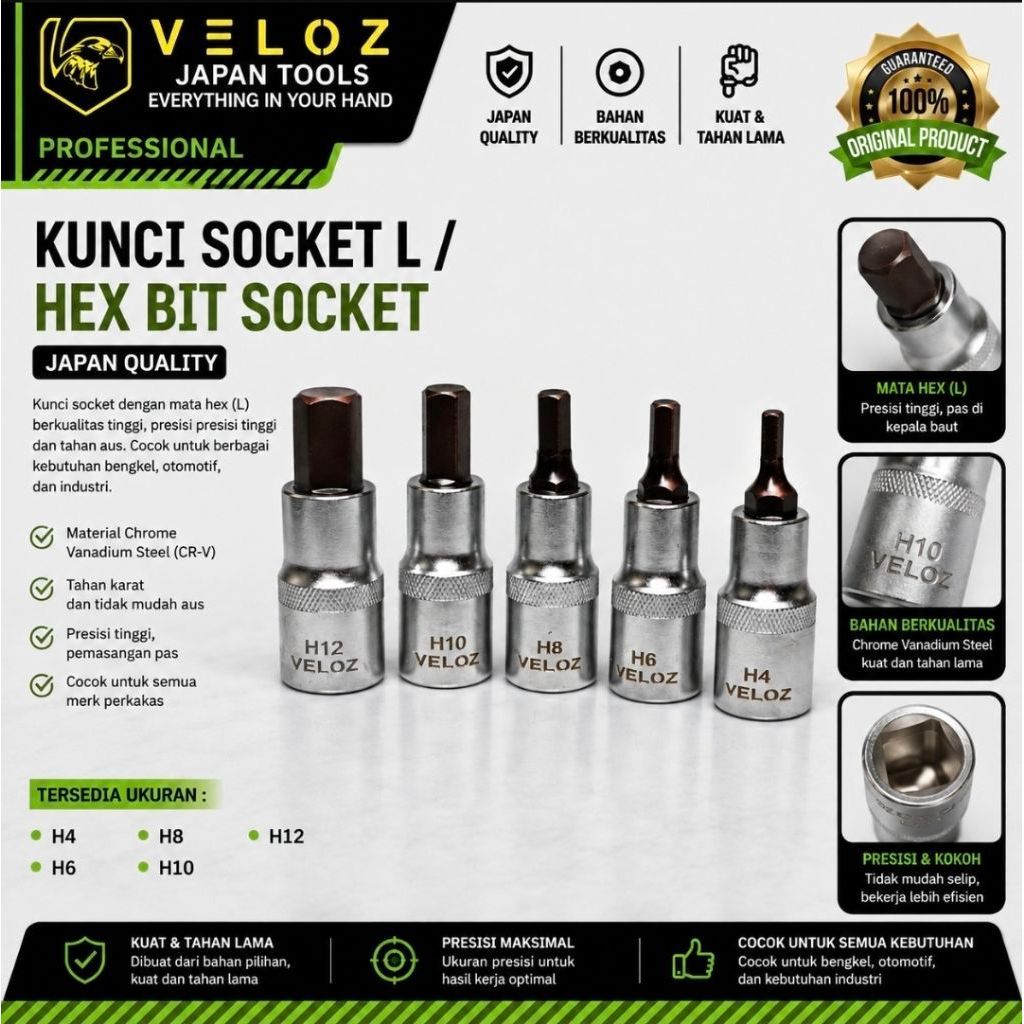 Veloz kunci mata socket L / hex bit socket (100% original)