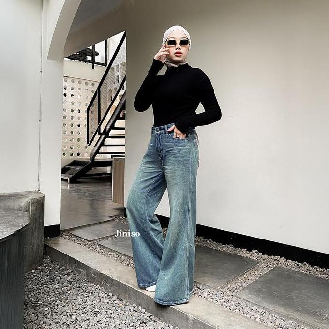 DAYOFF - JINISO Highwaist Flare Cutbray Celana Jeans Wanita TSD