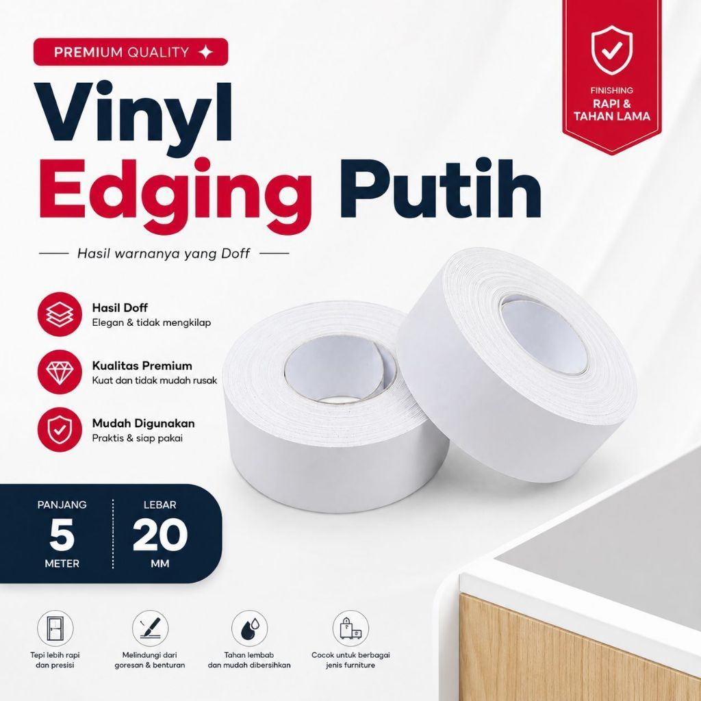 ￼Edging Vinyl Putih 20 mm 5 Meter - List PVC Tepi Kayu MDF Furniture, Vinil Pelapis Meja dan Lemari
