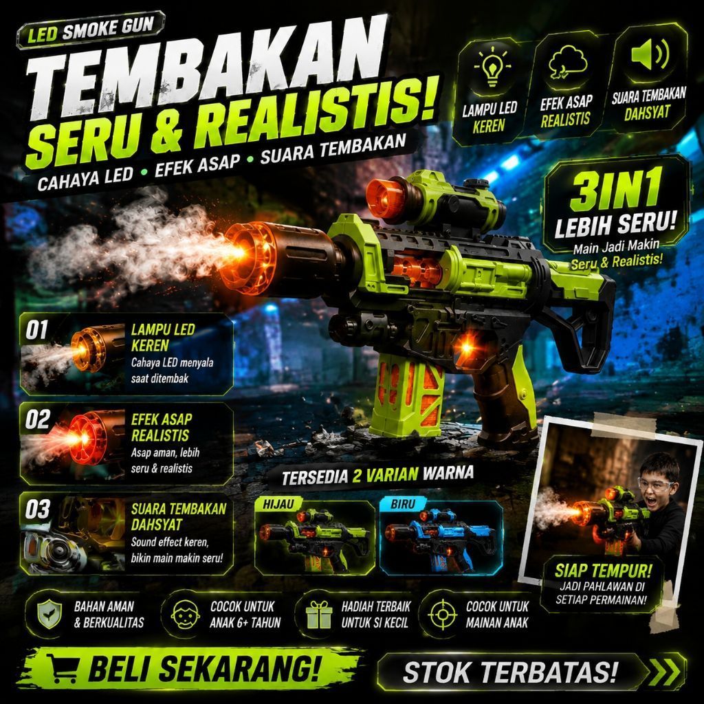 Senapan Mainan Anak LED Smoke Gun 3in1 Efek Asap + Suara Tembakan Realistis | Mainan Shooting Gun El