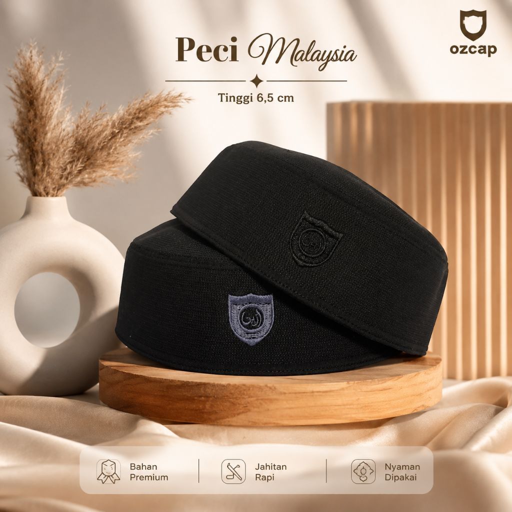 Peci Malaysia Premium Tinggi 6,5 CM Peci Pria Muslim Hitam Elegan, Songkok hitam polos , peci Al-ame