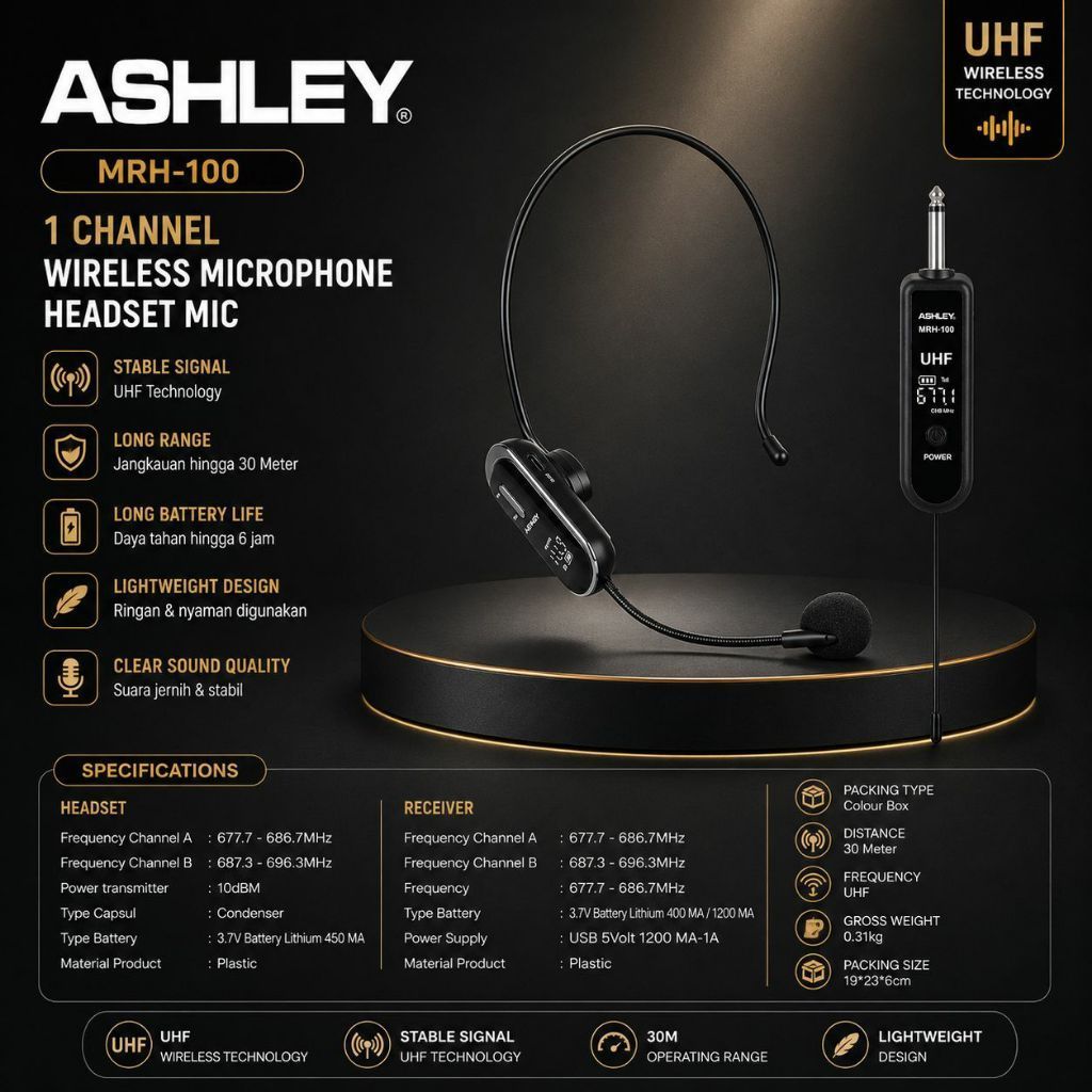 Mic wireless Ashley MRH 200,MRC 200,MRH 100,MRC 100 headset jepit original bando