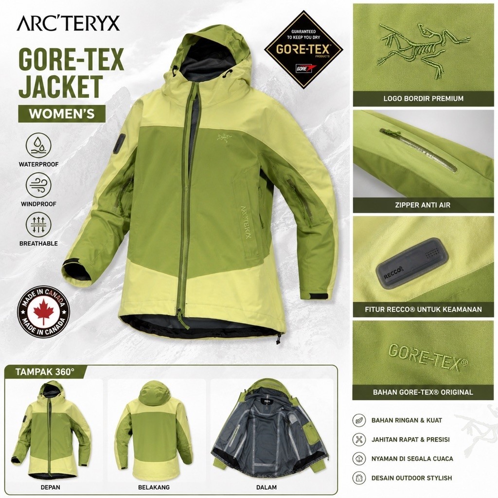 Jaket Outdoor Wanita Arc’teryx RECCO Hooded Jacket Lime Olive Original Made in Canada