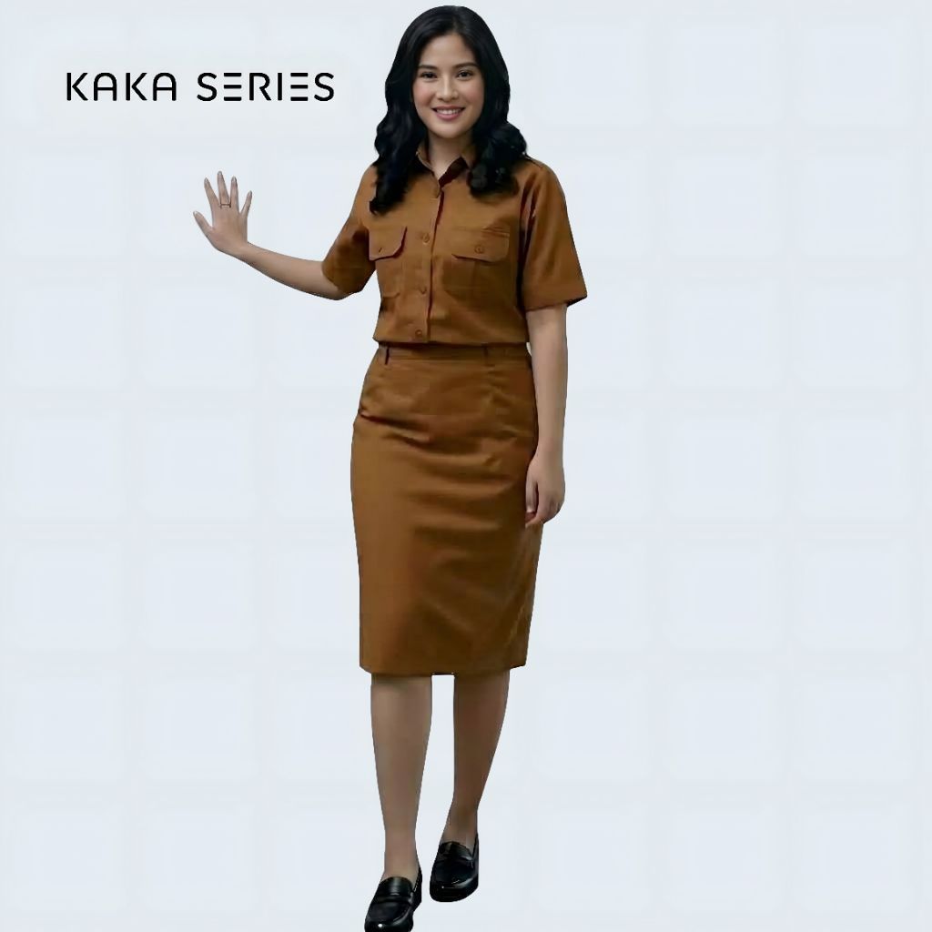 Baju Khaki PNS Wanita Lengan Pendek Set Rok Span Pendek