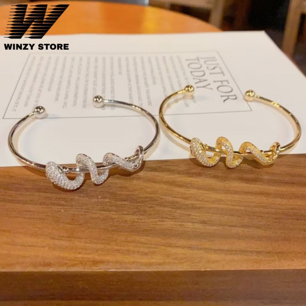 WINZY Gelang Titanium Wanita Bangle Open Cuff Ulir Zircon Lapis Emas Gelang Tangan Gelombang Korean 
