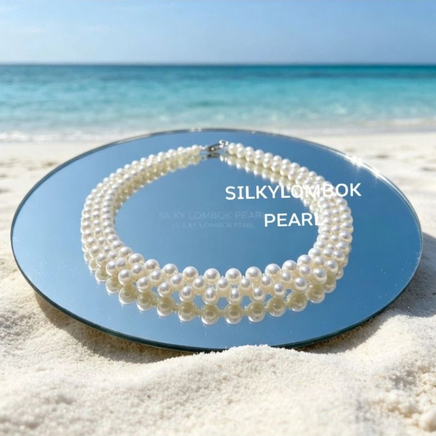 Kalung rhodium mutiara air tawar asli Kalung full mutiara air tawar asli lombok Kalung mutiara oval 