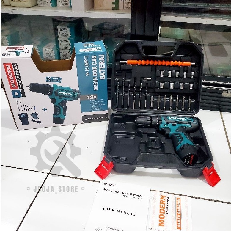 Modern Mesin Bor Baterai Cordless Set Modern M15 Impact 2 Baterai / Impact Bor Cordless Modern M15 /