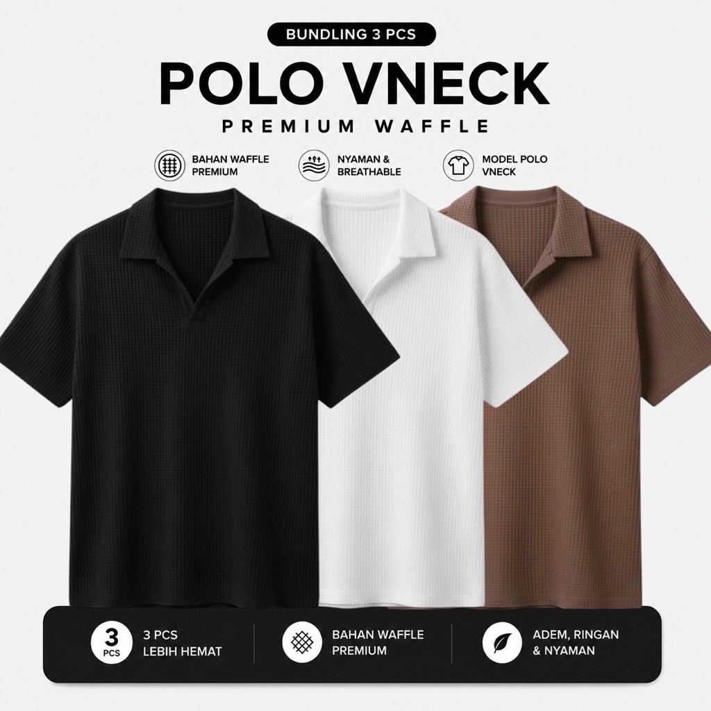 paket 3 pcs kaos kerah polo v-neck lengan pendek bahan waffle premium baju keren dewasa atasan cowok