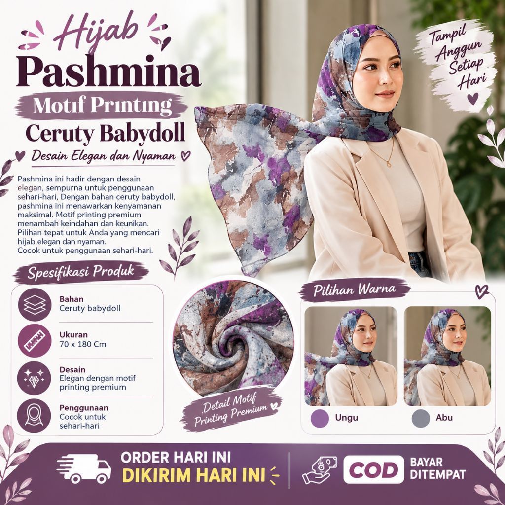 Pashmina Ceruty Babydoll - Hijab Pashmina Motif Printing Turky Bahan Ceruty Baby Doll Premium