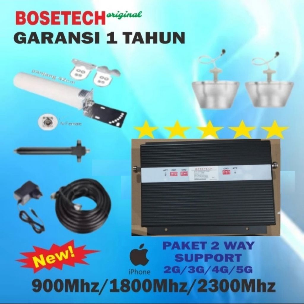 BOSETECH TRIBAND 5G 4G 3G 2G NETWORK GSM Repeater 900/1800/2300Ghz Paket 2 Way antena tabung omni