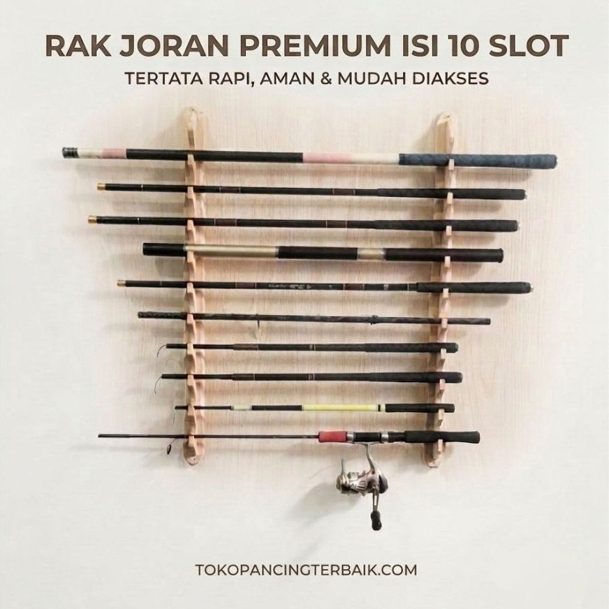 Rak Joran Tegek 10 slot kayu kokoh | tempat penyimpanan joran pancing 10 lubang stand holder joran