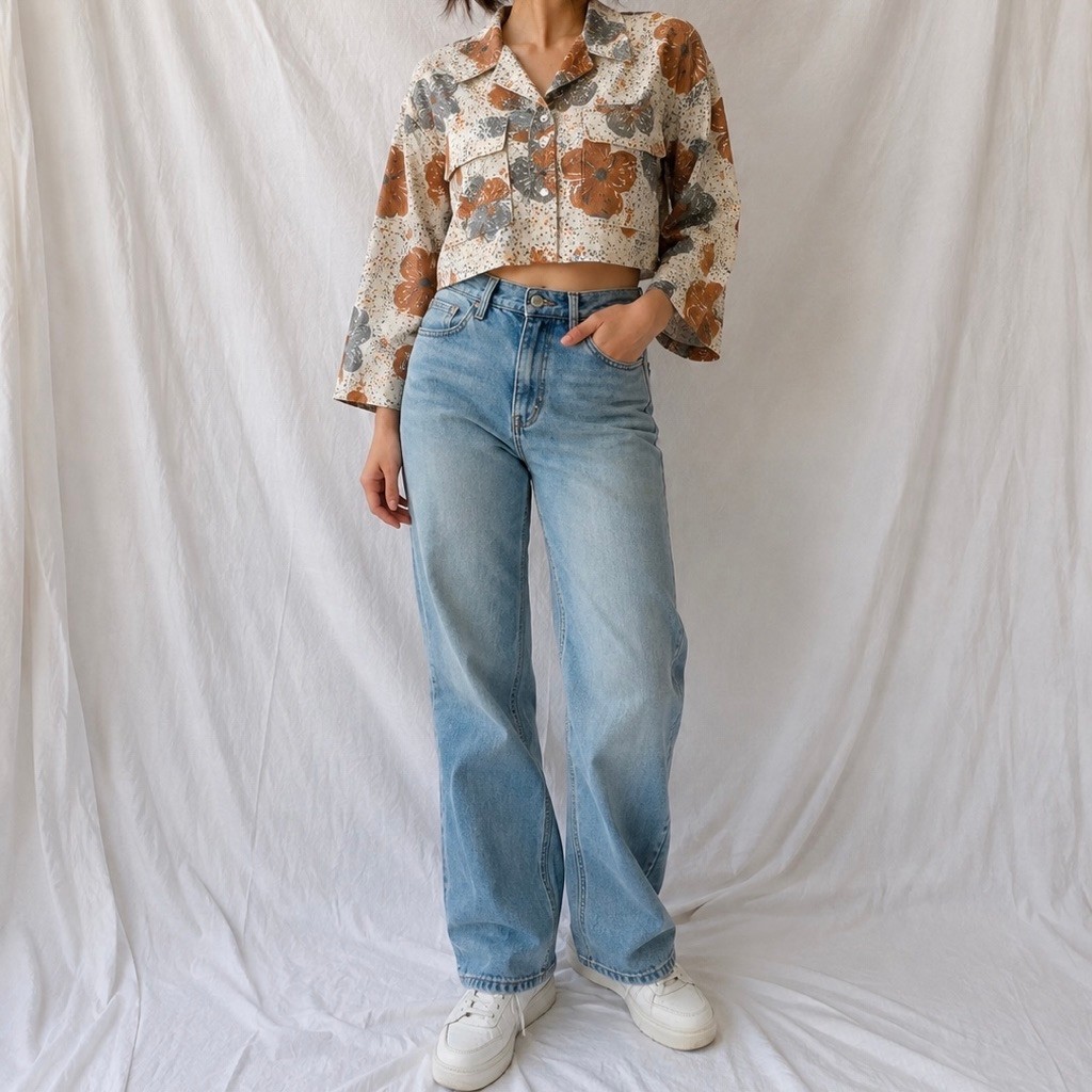 Preloved Crop Outer Shirt Motif Abstrak | Kemeja Crop Lengan Panjang Wanita | LD 100-110