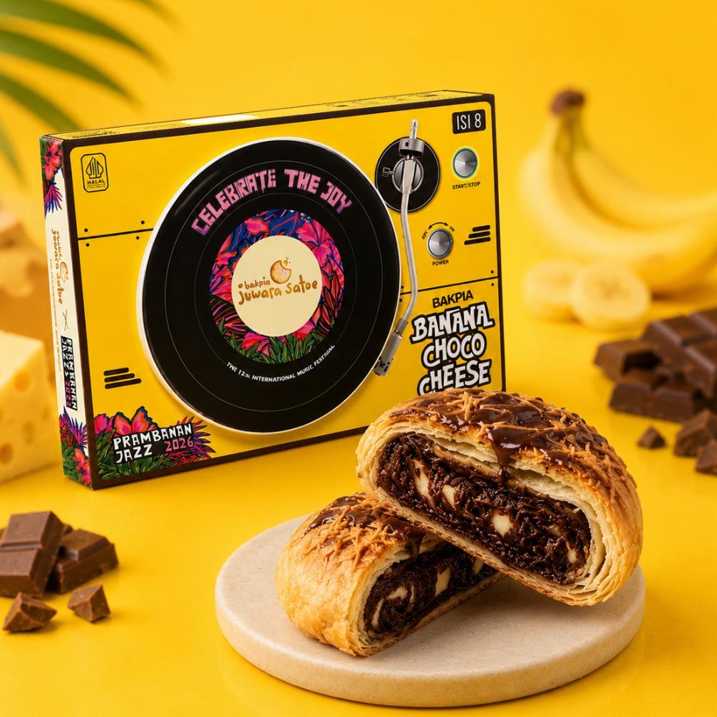 FREE STIKER PRAMBANAN JAZZ [ Isi 8 ] Bakpia Banana Choco Cheese Isi 8 Edisi Terbatas Prambanan Jazz 