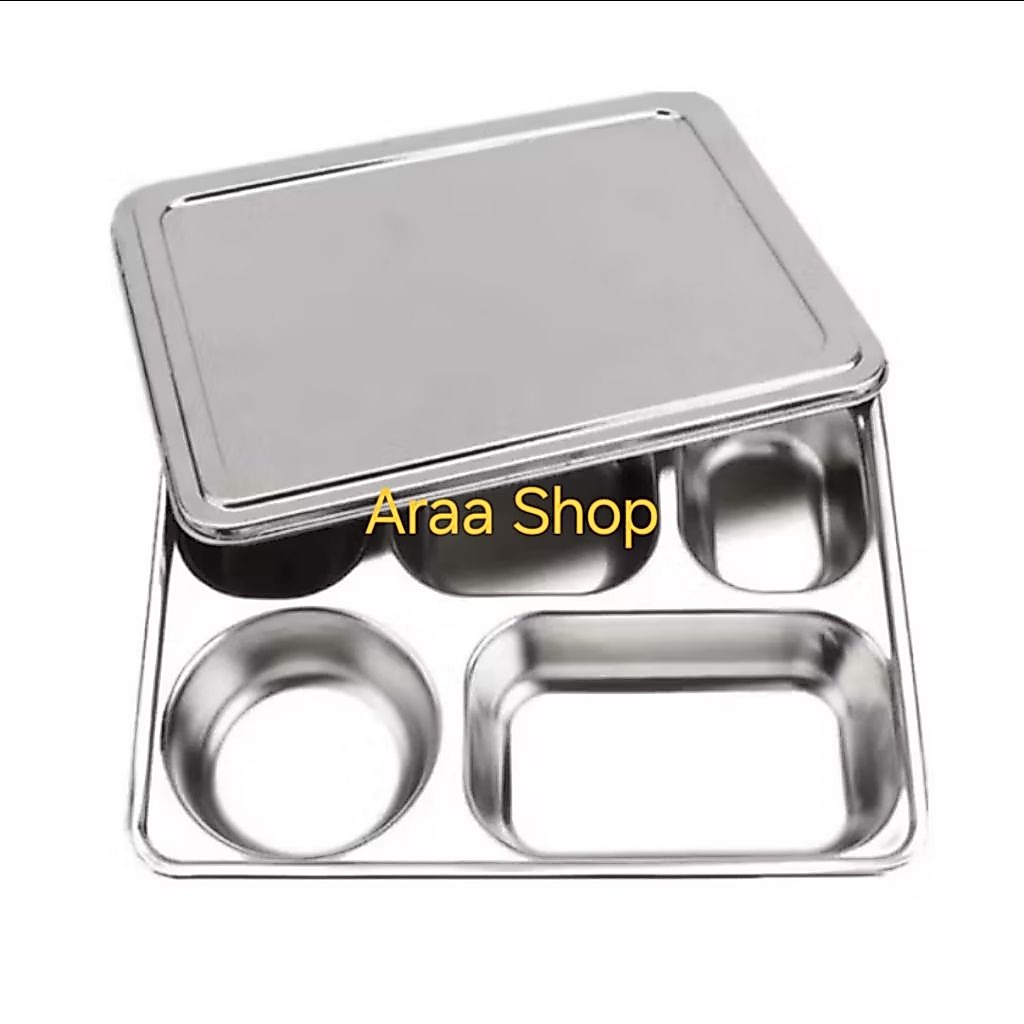 Kotak Makan Ketring Stainless Steel + Tutup Stenlis Plastik Sekat 5 SUS 304 Piring Makan Wadah Tempa