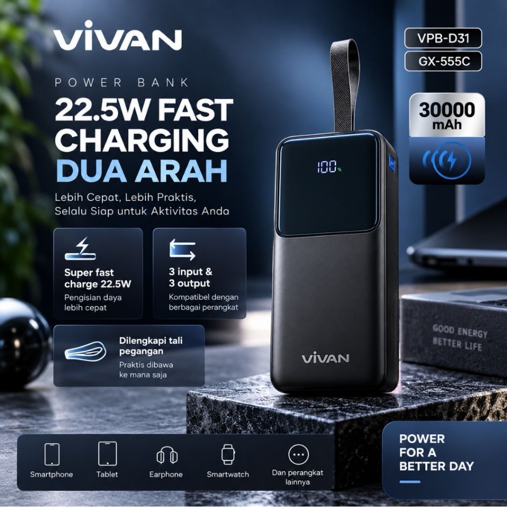 VIVAN VPB-D31 Power Bank 30000mAh Fast Charging 22.5W Dual Output