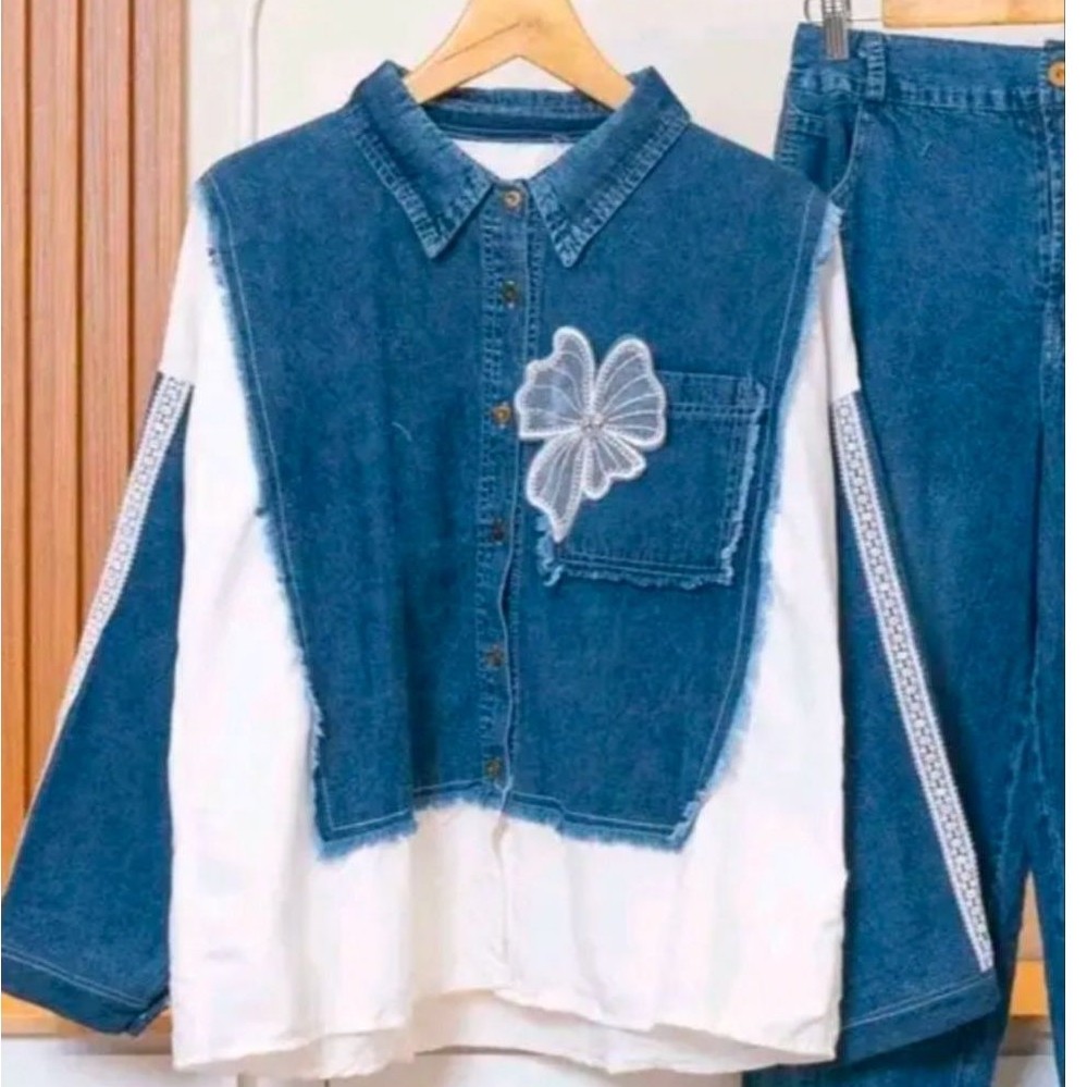 CDC Models One Set denim wanita atasan lengan panjang motif bunga putih dengan celana
