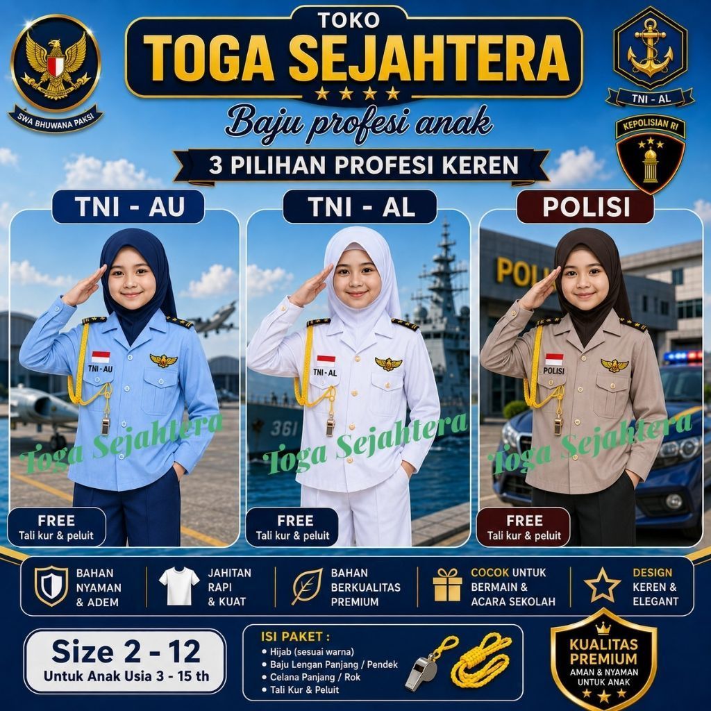 Baju Profesi Anak TNI-AU, TNI-AL, POLISI/POLWAN HIJAB ANAK