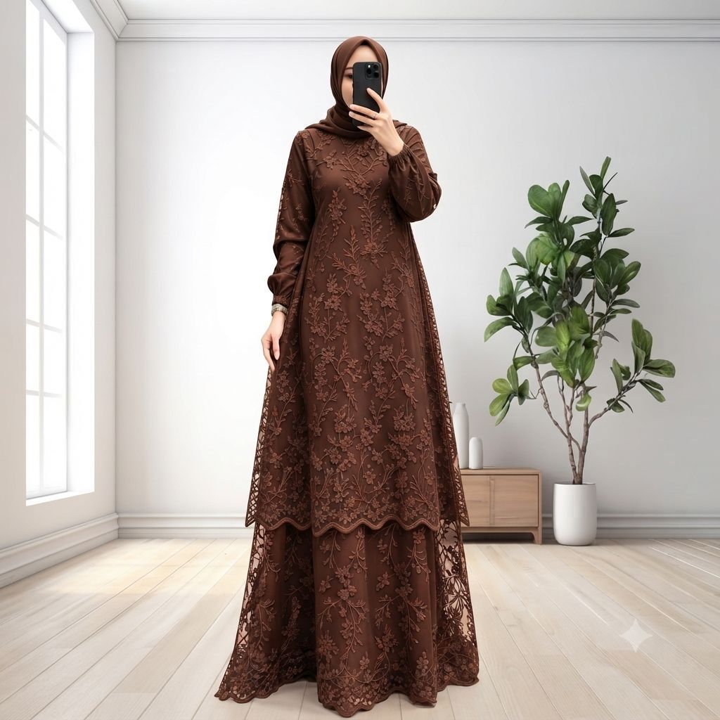 Gamis Wanita Naila Tille Premium Muslimah Motif Bunga Outer Tille Sewarna Dalaman Long Dress Polos M