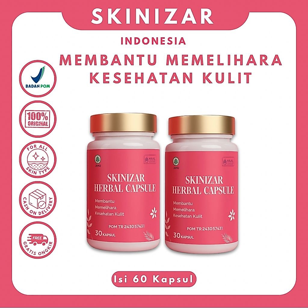 SKINIZAR HERBAL | Pemutih Badan HALAL & BPOM | Pencerah Kulit dan Tubuh isi 60 Kapsul 2 Botol