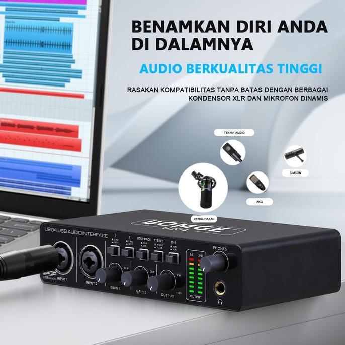 Kelld- Bomge U04 Audio Interface Soundcard Usb Dengan Mikrofon Preamplifier Port Xlr/Tsr/Ts, Resolus