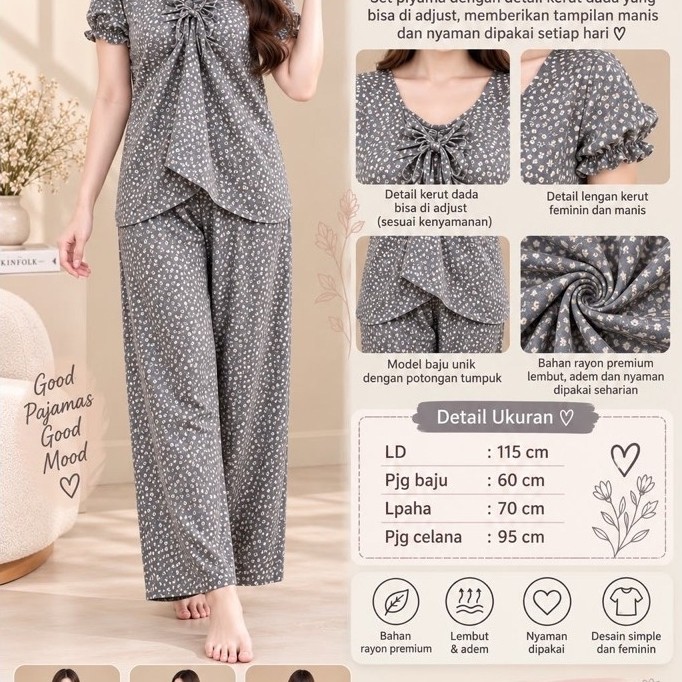 Set Wanita Rayon Dada Kerut All Size Modern Polos Kotak Bunga Batik Army Hitam