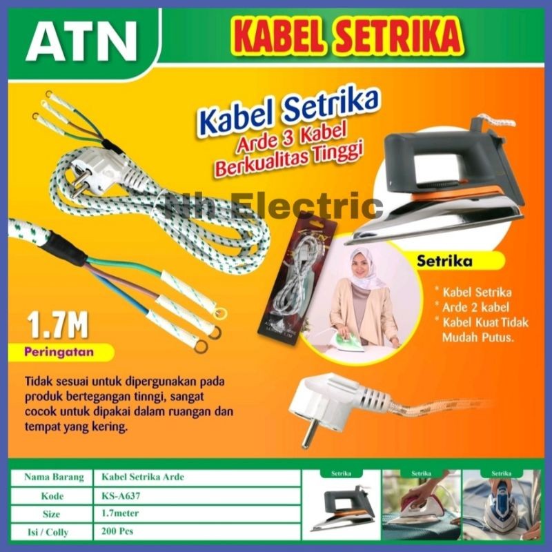 Kabel Strika Arde Isi 3 Atn - Kabel Gosokan 3 Jalur Atn - Kabel Setrika Auto Iron Wire 1,7M Atn