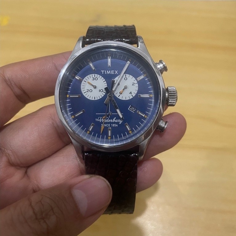 Jam Tangan TIMEX Waterbury Analog Pria Tali Cokelat Bezel Perak