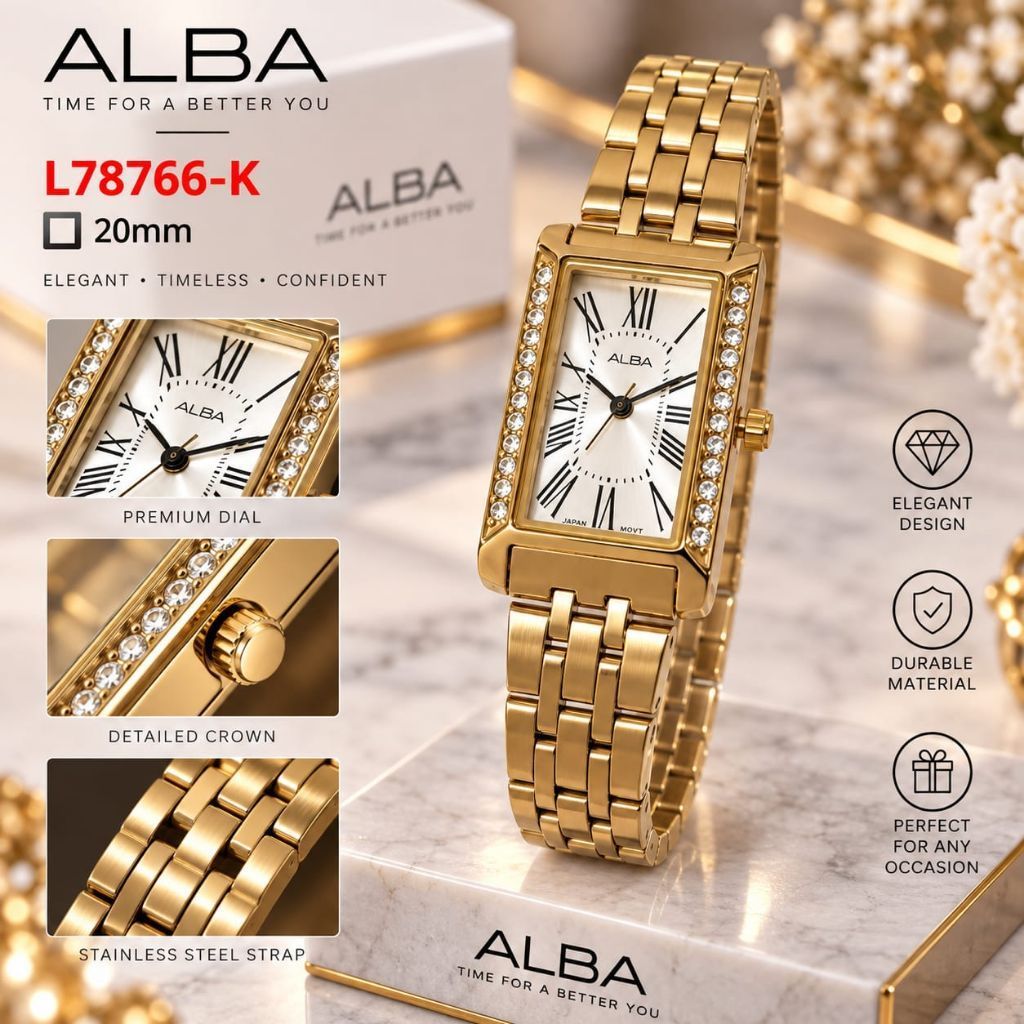 Jam Tangan Wanita Alba 8766 Original Analog Segi Rantai Tggl Aktif Water Resistance