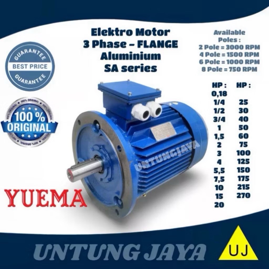 DINAMO ELEKTRO MOTOR YUEMA SA ALUMINIUM 3 PHASE FLANGE B5 2 HP 1,5 KW 2 POLE 3000 RPM // ELECTRO MOT