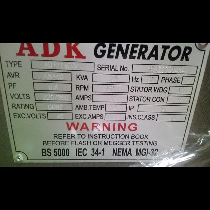 GENERATOR ADK 100KVA / 100 KVA 80KW DOUBLE BEARING TYPE ADI274C
