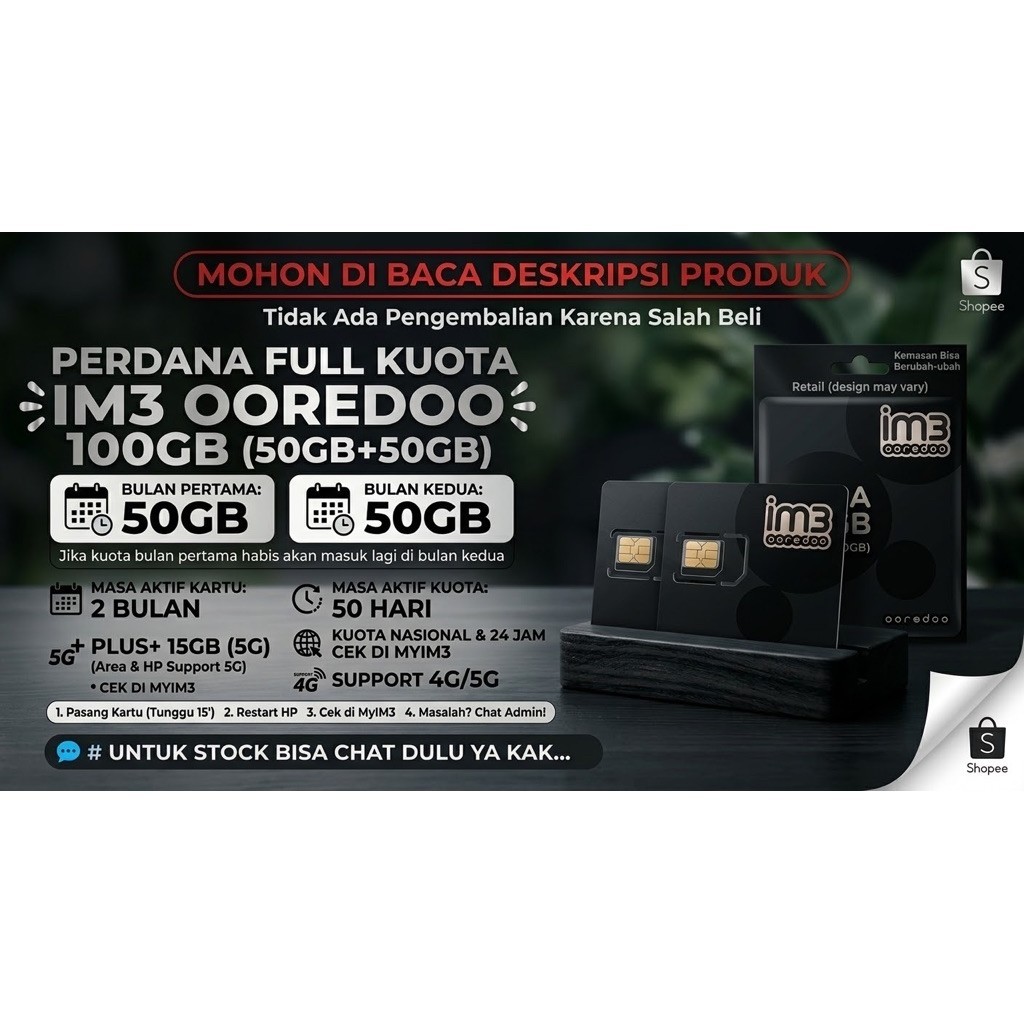 Kartu SIM IM3 Ooredoo 100GB 5G+ Plus 15GB Kuota Nasional 24 Jam Support 4G/5G