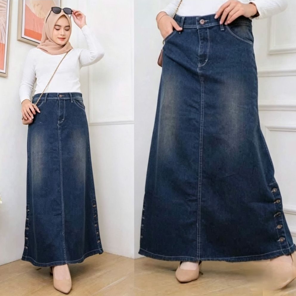 Rok jeans kancing pinggir/Rok jeans wanita/Rok jeans span/Rok jeans polos/Rok jeans panjang/Rok span