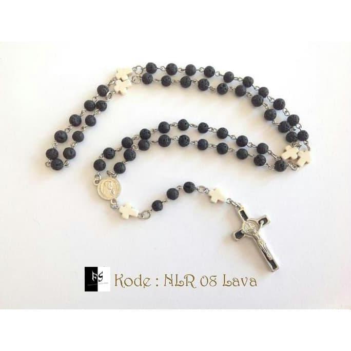 Kalung Rosario Batu Lava 6mm Salib Putih White Marble
